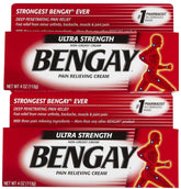 Bengay Ultra Strength pain relief cream 4 oz boxes stacked showing red packaging and product branding